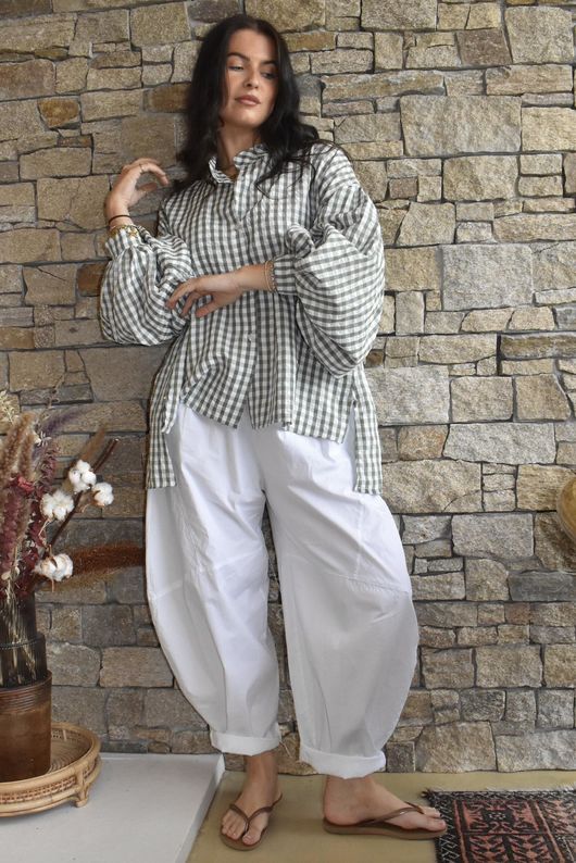 Ginny Gingham Balloon Sleeve Blouse Khaki